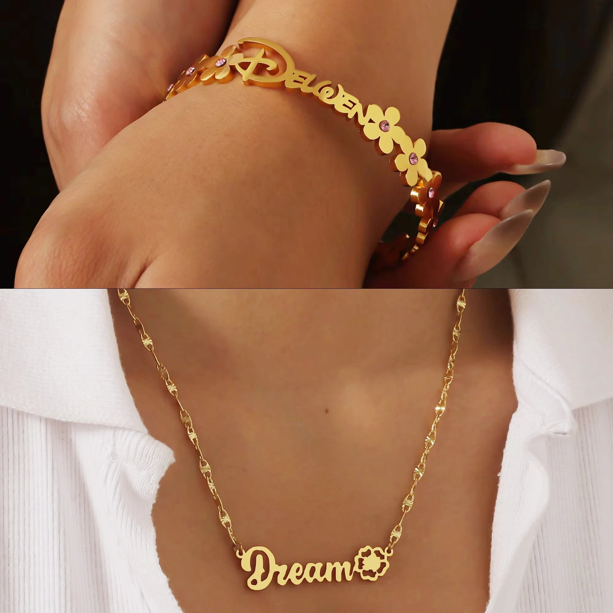 Custom Floral Name Necklace and Bracelet Set